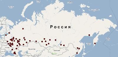 На карте России отмечено местонахождение ВУЗов, преподаватели которых прошли повышение квалификации на ФПКПК НИЯУ МИФИ в период с апреля по июнь 2011г