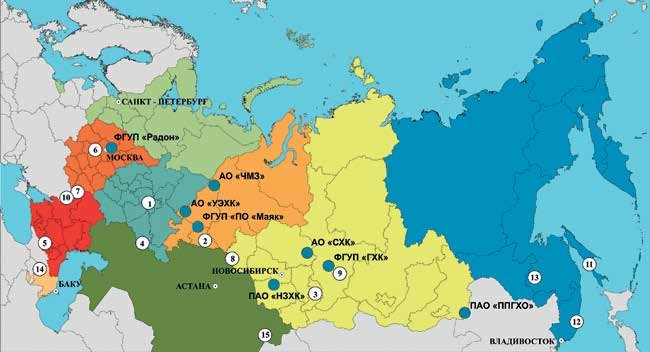 Рис. 2. Обзорная карта минерально-сырьевой базы бентонитовых глин РФ и некоторых стран СНГ. Список месторождений: 1 — Биклянское, Березовское и др. (Татарстан); 2 — Зырянское (Курганская обл.); 3 — 10-й Хутор (Хакасия); 4 — Ижбердинское, Сарайбашское и др. (Оренбургская обл.); 5 — Герпегежское, Нальчинское (Кабардино-Балкария); 6 — Калиново-Дашковское (Московская обл.); 7 — Никольское, Майдан-Бентонитовое, Подгорное (Воронежская обл.); 8 — Любинское (Омская обл.); 9 — Камалинское (Красноярский край); 10 — Тарасовское, Миллеровское (Ростовская обл.); 11 — Тихменевское, Вахрушевское. Макаровское (Сахалинская обл.); 12 — Зеркальное (Приморский край); 13 — Ургальское (Хабаровский край); 14 — Даш-Салахлинское (Республика Азербайджан); 15 — Таганское, Динозавровое (Республика Казахстан)