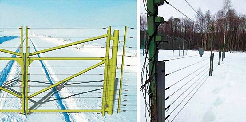 Рисунок 4. Функционирующее полноростовое сигнализационное заграждение «Дрозд-05» в условиях зимы (две нижние нити ЧЭ в снегу).
