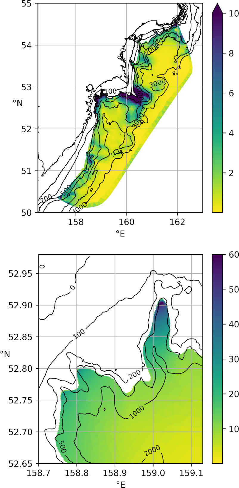Величина колебаний внутреннего прилива (м)