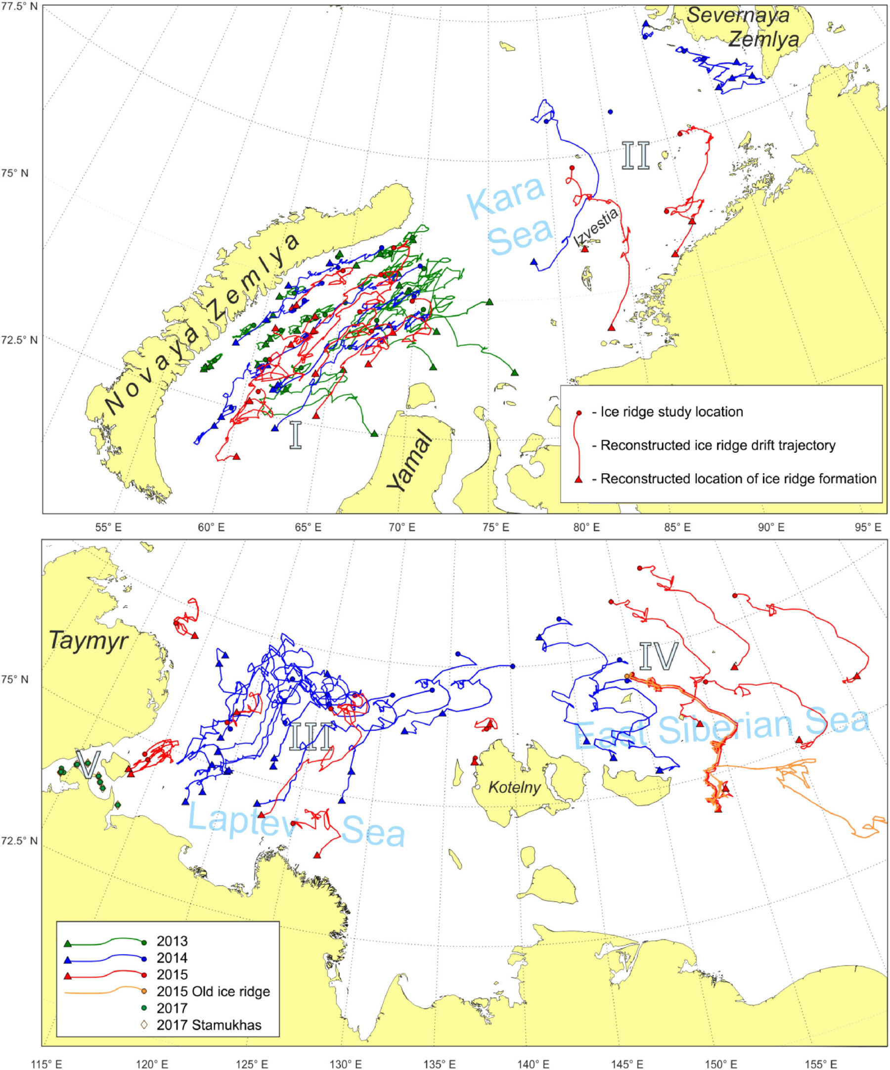 Реконструированные траектории дрейфа льдов, изученных в 2013–2017 годах в Карском (сверху), Лаптевском и Восточно-Сибирском морях (снизу)