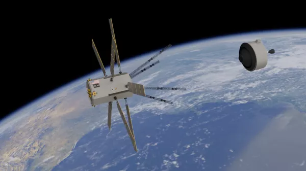 Рендеринг Arachne от Exploration Labs, космического корабля, предназначенного для захвата крупного мусора. Автономный робот захвата и сбора данных ExLabs и исследовательский аппарат для космических исследований объединены в Arachne