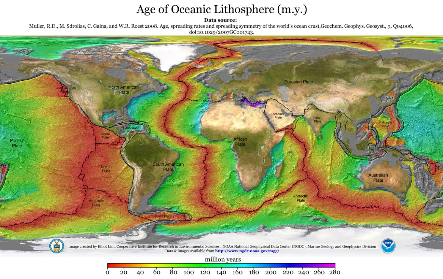 Геохронологическая карта возраста океанического дна (шкала в млн лет). Новая океаническая кора (красная) образуется в зонах срединно-океанических хребтов, объединенных в единую глобальную сеть