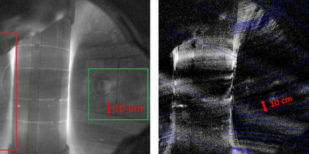 Кадры быстрой камеры, на которых видны яркие линии – филаментарные структуры, синим выделены линии магнитного поля, вдоль которых филаменты и вытянуты