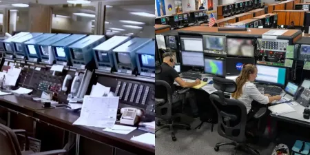 Центр управления миссией Вояджер в 1980-е годы (слева) и Центр управления миссией Артемида в 2026 году